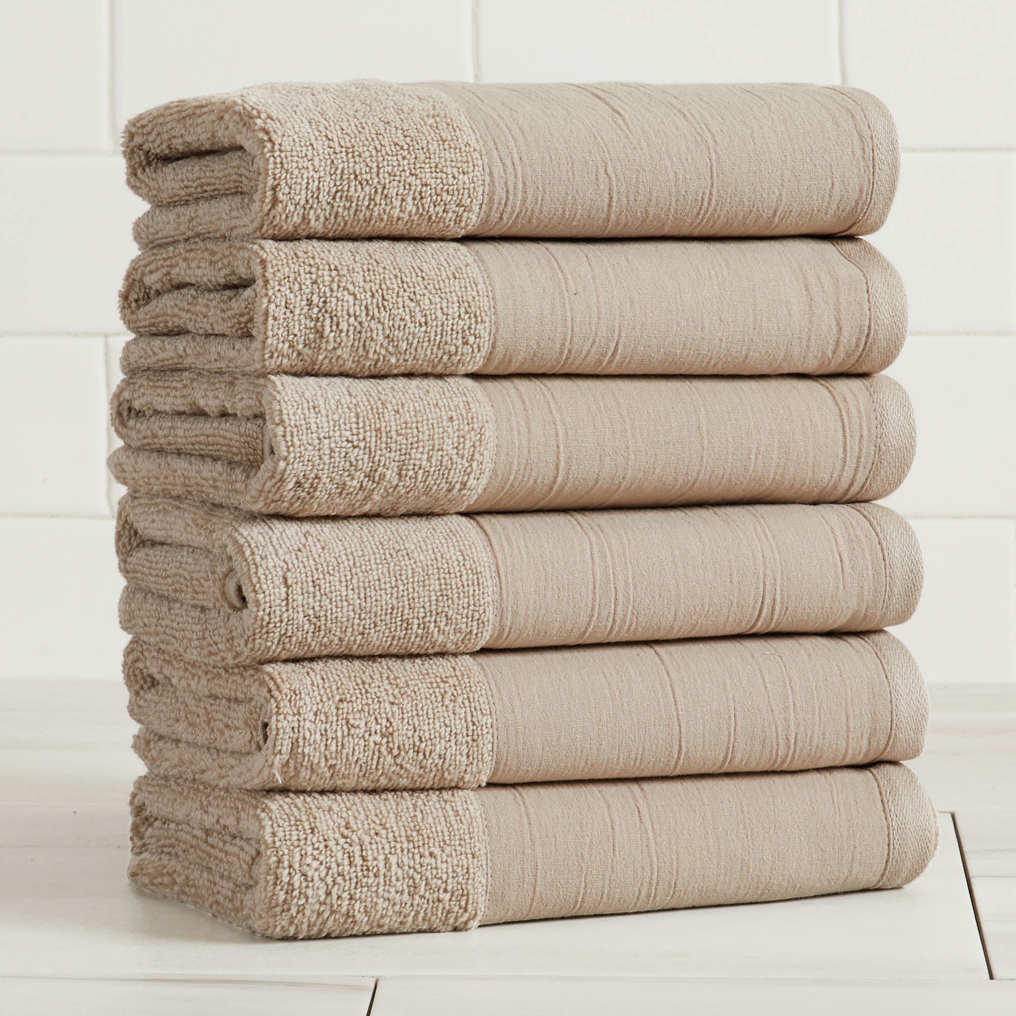 Ultra-Soft Cotton and Modern Linen-Like Border 6 Pack Hand Towel Set