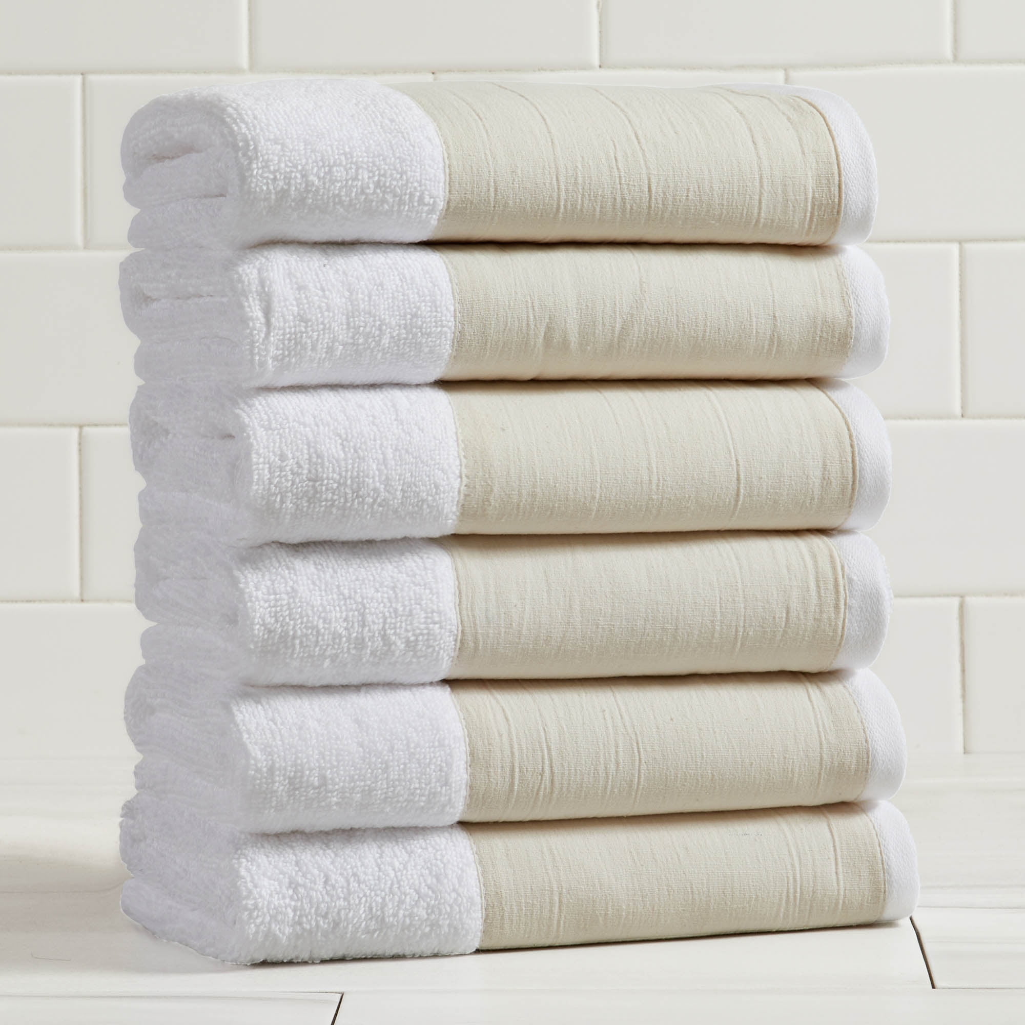 Ultra-Soft Cotton and Modern Linen-Like Border 6 Pack Hand Towel Set
