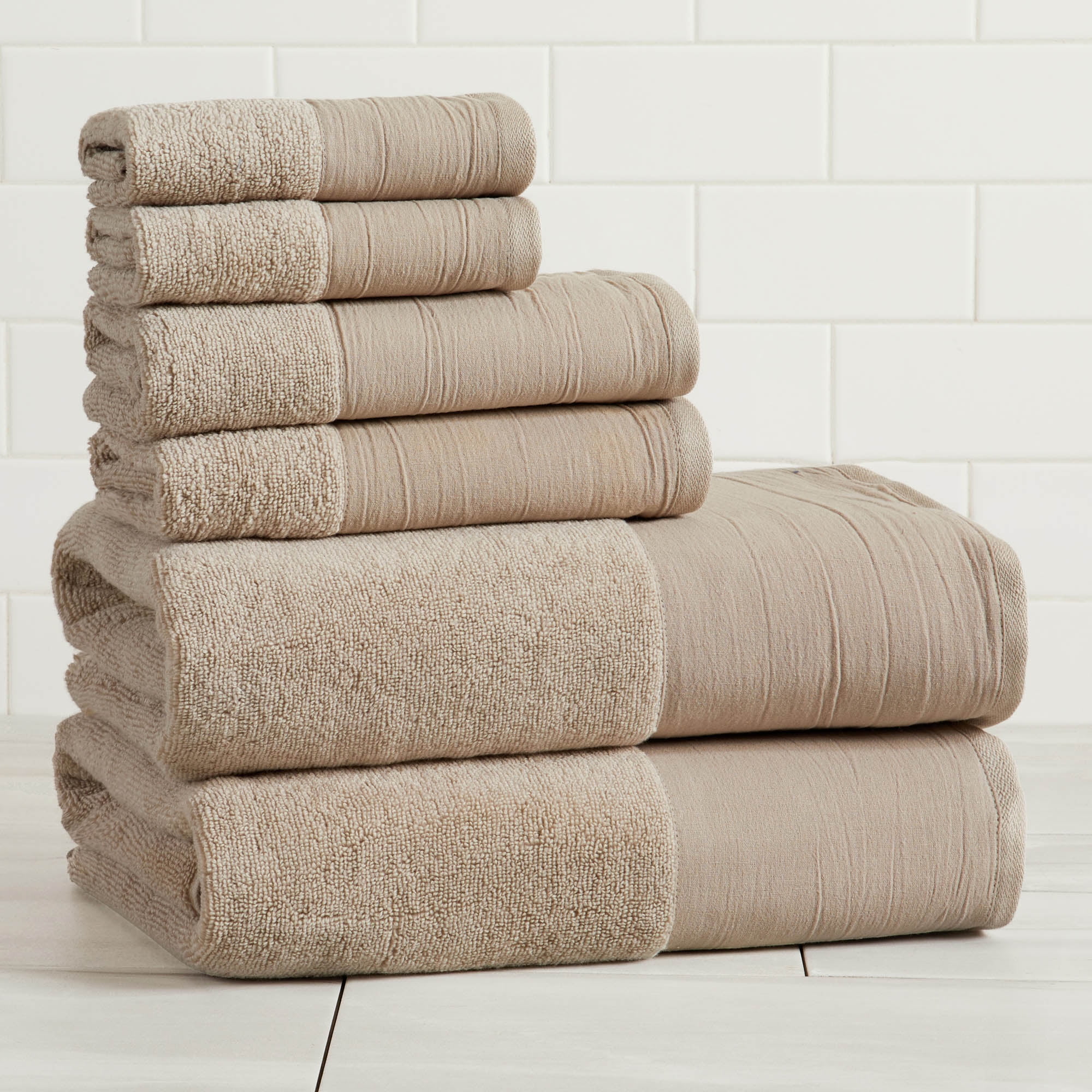 Ultra-Soft Cotton and Modern Linen-Like Border 6 Piece Towel Set, 2 Bath, 2 Hand, 2 Wash