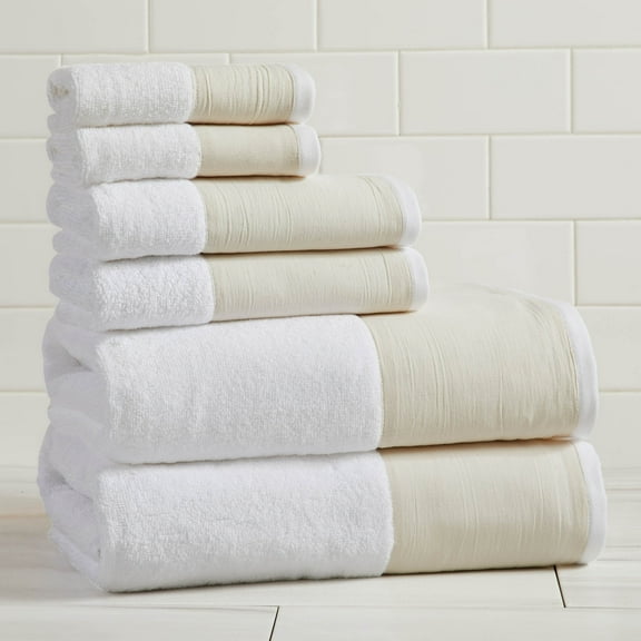 Ultra-Soft Cotton and Modern Linen-Like Border 6 Piece Towel Set, 2 Bath, 2 Hand, 2 Wash