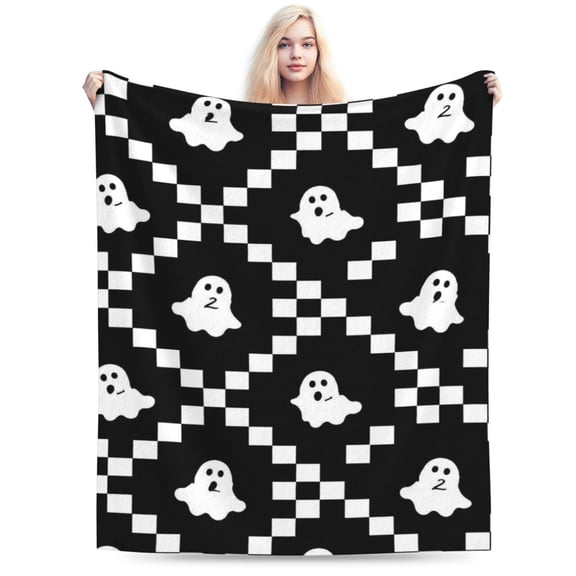 Ultra Soft Cozy Checkered Ghost Halloween Knitted Throw Blanket Fluffy Microfiber Checkerboard Bed Blanket Lightweight Both Sides Throw Blanket for Couch Sofa Bed 50x40