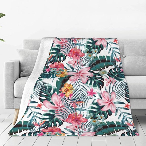 Ultra Soft Cozy Flannel Fleece Blanket 50"x60" Hibiscus Flower and Palm Leaves Novelty Ultra Soft Micro Blanket Cozy and Comfy for All Seasons