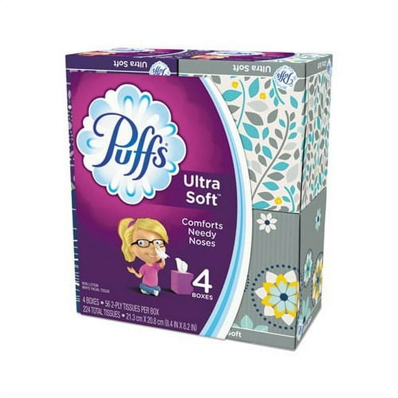 Ultra Soft Facial Tissue 2-Ply, White, 56 Sheets/Box, 4 Boxes/Pack