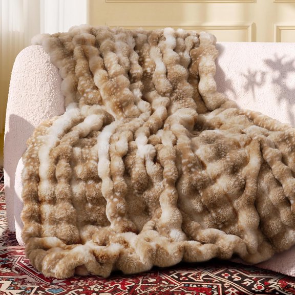 Ultra‑Soft Faux Fur Throw Blanket, Fuzzy Plush Thick Fluffy Bubble Blanket, Warm Cozy Decorative Blanket for Couch, Sofa, Bedroom and Living Room Home Decor,50x60 Inches,Tie-Dye Camel