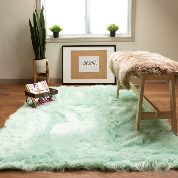 Ultra Soft Faux Sheepskin Fur Shag Rug Mint Green 3' x 5'