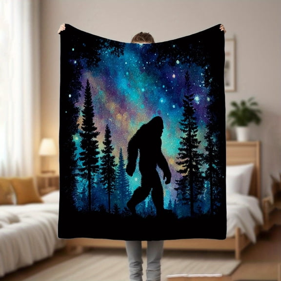 Ultra-Soft Flannel Bigfoot Sasquatch Throw Blanket Machine Washable Cozy Gift for Home, Office, Dorm - Cryptid Enthusiast Decor in Deep Blue/Purple/Black/Teal - Lightweight & Warm with Night Forest B