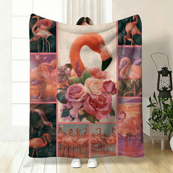 Ultra-Soft Flannel Blanket Featuring a Tropical Flamingo And Hibiscus Flower Design, Perfect for All Seasons.