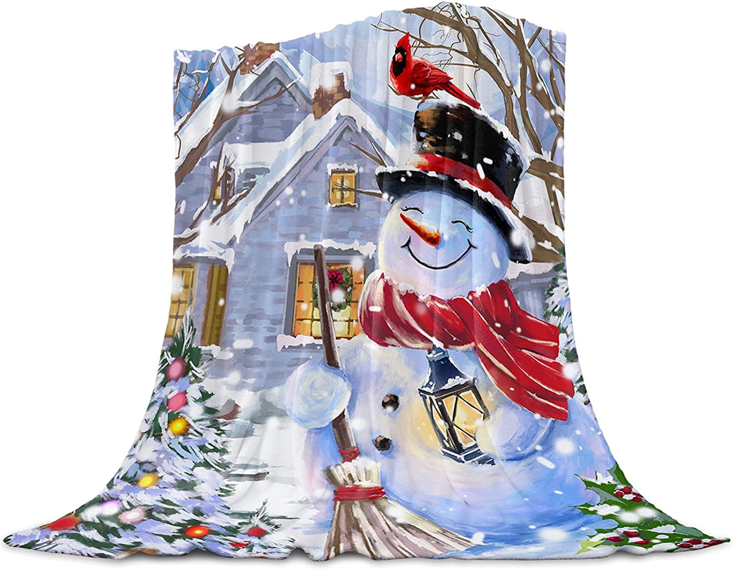 Ultra Soft Flannel Fleece Bed Blanket Happy Snowman and Cardinalis Winter Holiday Merry Christmas Throw Blanket All Season Warm Fuzzy Light Weight Cozy Plush Blankets for Living Room 40 x 50 inches