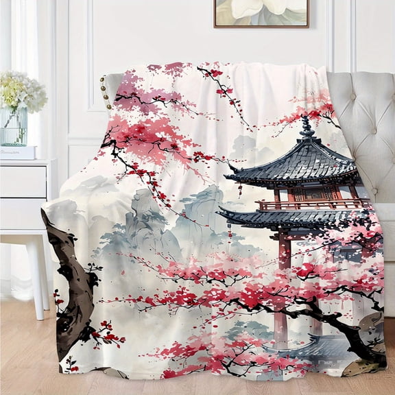 Ultra-Soft Flannel Throw Blanket with Chinese Landscape Design - Versatile for Couch, Bed, Travel & Office Use, Lightweight & Warm Polyester Blend, All-Season Comfort, Perfect Gift Idea