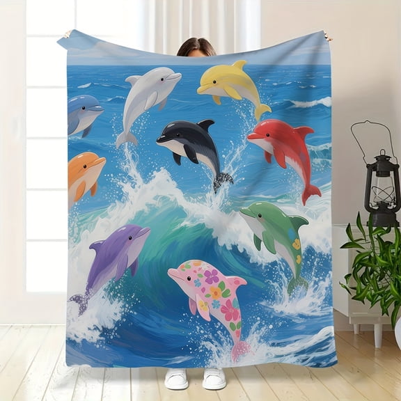 Ultra-Soft Flannel Throw Blanket, Dolphins Leaping Ocean Waves Design in Blue & Turquoise, All-Season Warmth for Camping, Sofa, Bed, Office - Machine Washable Cozy Gift