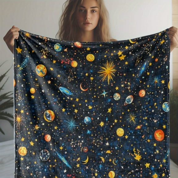 Ultra-Soft Flannel Throw Blanket with Space-Themed Star and Moon Print - Cozy, Warm, All-Season Comfort for Couch, Bed, Office, and Travel - Vintage Style, Lightweight & Versatile Gift Idea
