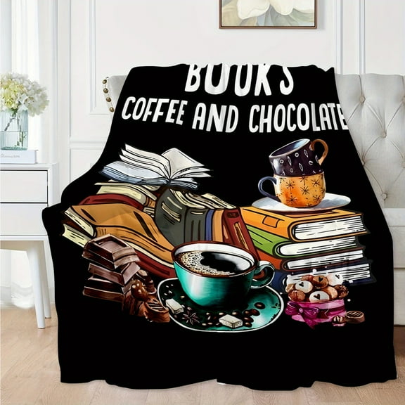Ultra-Soft Flannel Throw Blanket with Books, Coffee & Chocolate Print - Perfect for Couch, Naps & Travel | Ideal Gift for Family and Friends