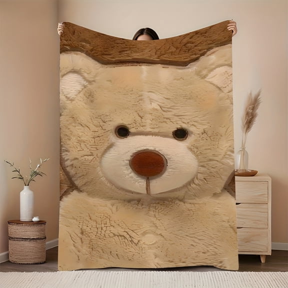 Ultra-Soft Flannel Throw Blanket with White Teddy Bear Design, All-Season Cozy for Camping, Bed, Sofa & Office, Machine Washable, Stylish Decor Gift