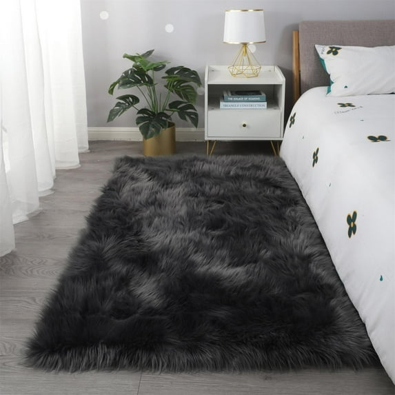 Ultra Soft Fluffy Rugs Faux Fur Sheepskin Area Rug Modern Indoor High Pile Non-Slip Carpet for Bedroom Bedside Living Room Nursery, 60x35.5 inch, Gray