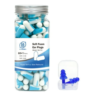 Ultra Soft Foam Earplugs 60 Pairs, 38dB SNR Ear Plugs for Sleeping, Study, Shooting, and All Loud Noise by Lysian, Blue/White