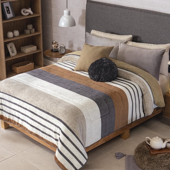 Ultra-Soft Full/Queen Size Sherpa Blanket, Cozy and Warm Double-Sided Plush Blanket, Tan with Grey and White, Buller, 79" x 88", Machine Washable