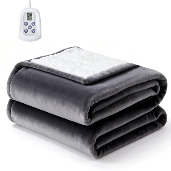Ultra-Soft Full Size Electric Heated Blanket - Machine Washable with 10 Heat Settings & Auto Shut-Off, Grey