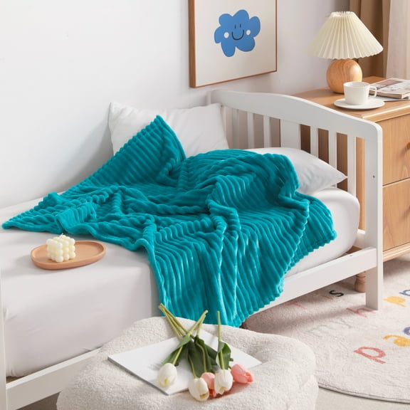 Ultra Soft Fuzzy Plush Toddler Bed Blanket, Warm and Lightweight Fleece Stripes Crib Throw Blanket, 30" x 40", Turquoise