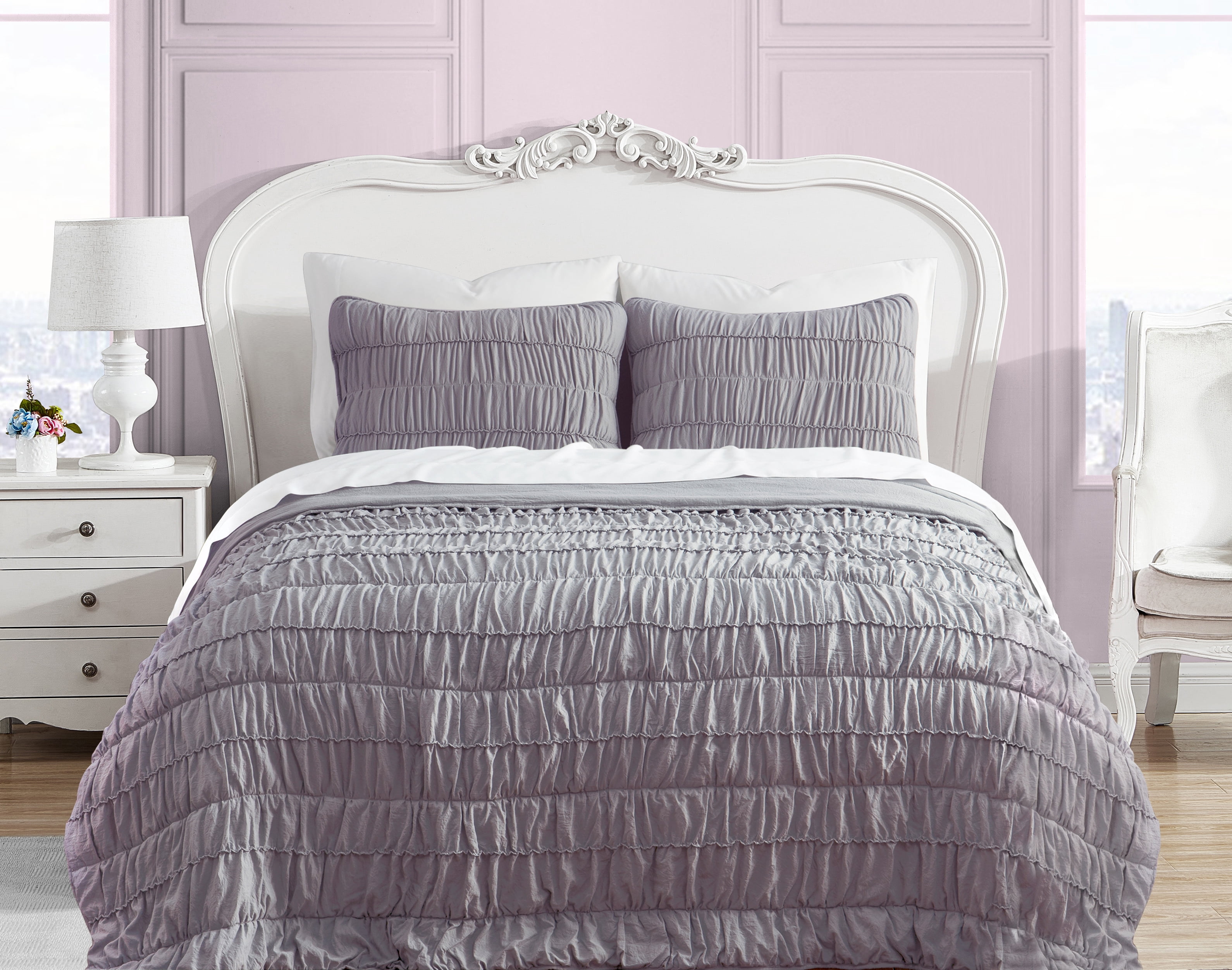 Ultra Soft Garment Washed Ruched Texture 3 PC Quilt Bedding Set - Lilac - Full/Queen