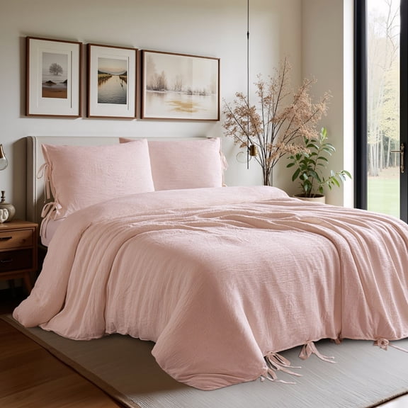 Pyxie Home 3-Piece Pink Blush Gauze Texture Duvet Sets, King