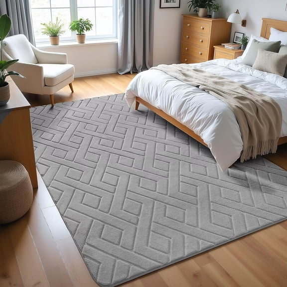 Ultra Soft Grey Area Rug for Living Room, 6x9 Modern Geometric Shag Rugs with Nonslip Backing for Bedroom, Washable Fuzzy Carpet for Cozy Kids Room Nursery