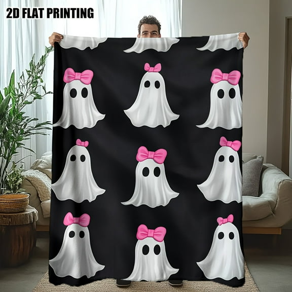 Ultra-Soft Halloween Ghosts with Pink Bows Print Flannel Throw Blanket - Cozy and Comfortable Twin Size Blanket for Bed, Couch, Chair, Office, and Camping - All-Season Sofa Gift