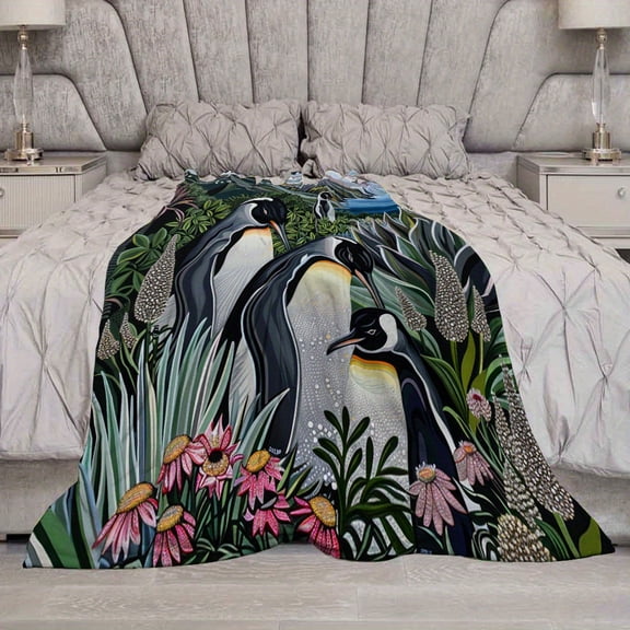 Ultra-Soft Heavyweight 280GSM Flannel Throw Blanket - Antarctic Penguins, Seagulls & Floral Print Plants in Black, White, Gray, Blue, Green, Pink - All-Season Couch, Bed, Camping, Office Decor - Luxu