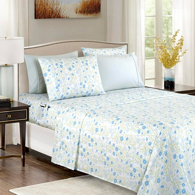Ultra Soft High Quality Adult/Teen Microfiber Bed Sheet Set, Wrinkle Resistant 6-Piece Floral Bed Sheet Set, King, Laurel Blue