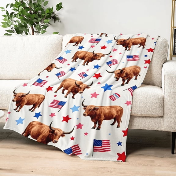 Ultra-Soft Highland Cow Flannel Throw Blanket - Patriotic American Flag Design with Highland Cattle Stars, Wrinkle-Free, Perfect for Couch, Sofa, Travel, Camping Versatile All-Season Comfort