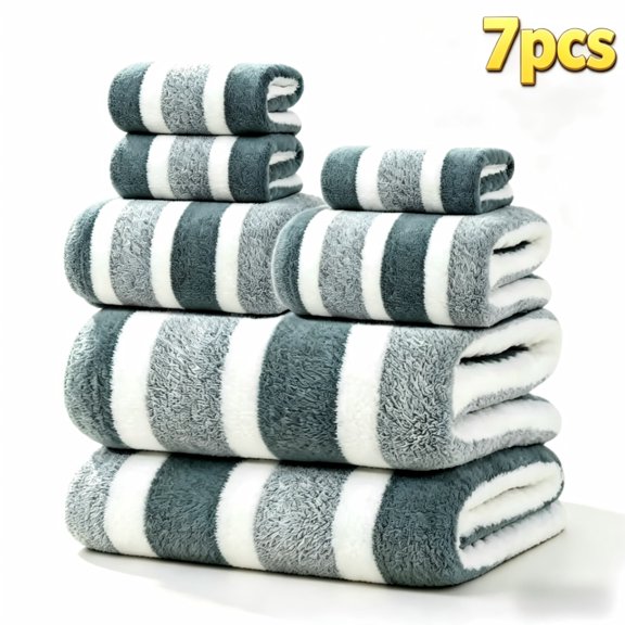 Ultra-Soft Highly Absorbent Lint-Free Bath Towel Pack, 7PC Two-Tone Striped Towel Set Including Bath Face & Hand Towels Ideal for Home Bathroom Decor