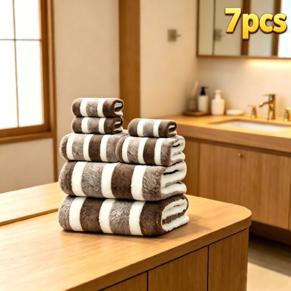 Ultra-Soft Highly Absorbent Lint-Free Bath Towel Pack, 7PC Two-Tone Striped Towel Set Including Bath Face & Hand Towels Ideal for Home Bathroom Decor