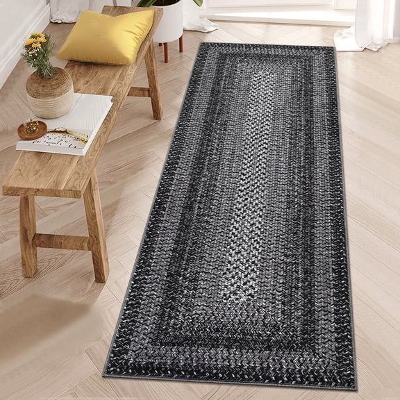 Ultra Soft Indoor Area Rug, Low Pile Non-Slip Carpet with Braided Border, Machine Washable and Stain-Resistant Floor Mat for Living Room, Bedroom, Dining Room, High-Traffic Areas