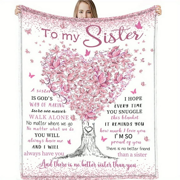 Ultra-Soft Lion Pattern Flannel Blanket Heartfelt Message to Sister Cozy All-Season Square Shawl with Pink Heart & Butterfly Design Perfect for Home Picnic Travel Comfortable 100.0%