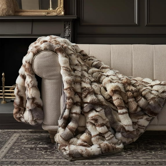 Ultra Soft Luxury Fluffy Faux Rabbit Fur Throw Blanket, Thick Warm Bubble Throw for Bed, Cozy Plush Reversible Blankets for Couch, Chair, Sofa, Beige & Gray, 50x60 Inches