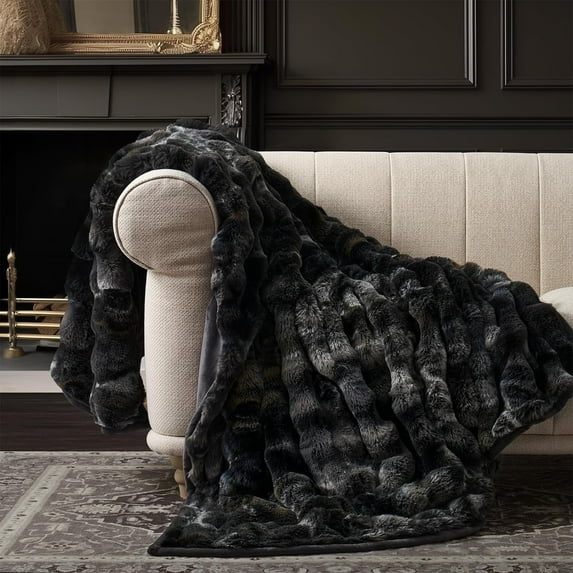 Ultra Soft Luxury Fluffy Faux Rabbit Fur Throw Blanket, Thick Warm Bubble Throw for Bed, Cozy Plush Reversible Blankets for Couch, Chair, Sofa, Charcoal Grey Heather, 50x60 Inches