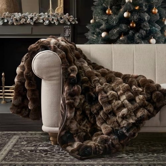 Ultra Soft Luxury Fluffy Faux Rabbit Fur Throw Blanket, Thick Warm Bubble Throw for Bed, Cozy Plush Reversible Blankets for Couch, Chair, Sofa, Mocha Brown, 50x60 Inches