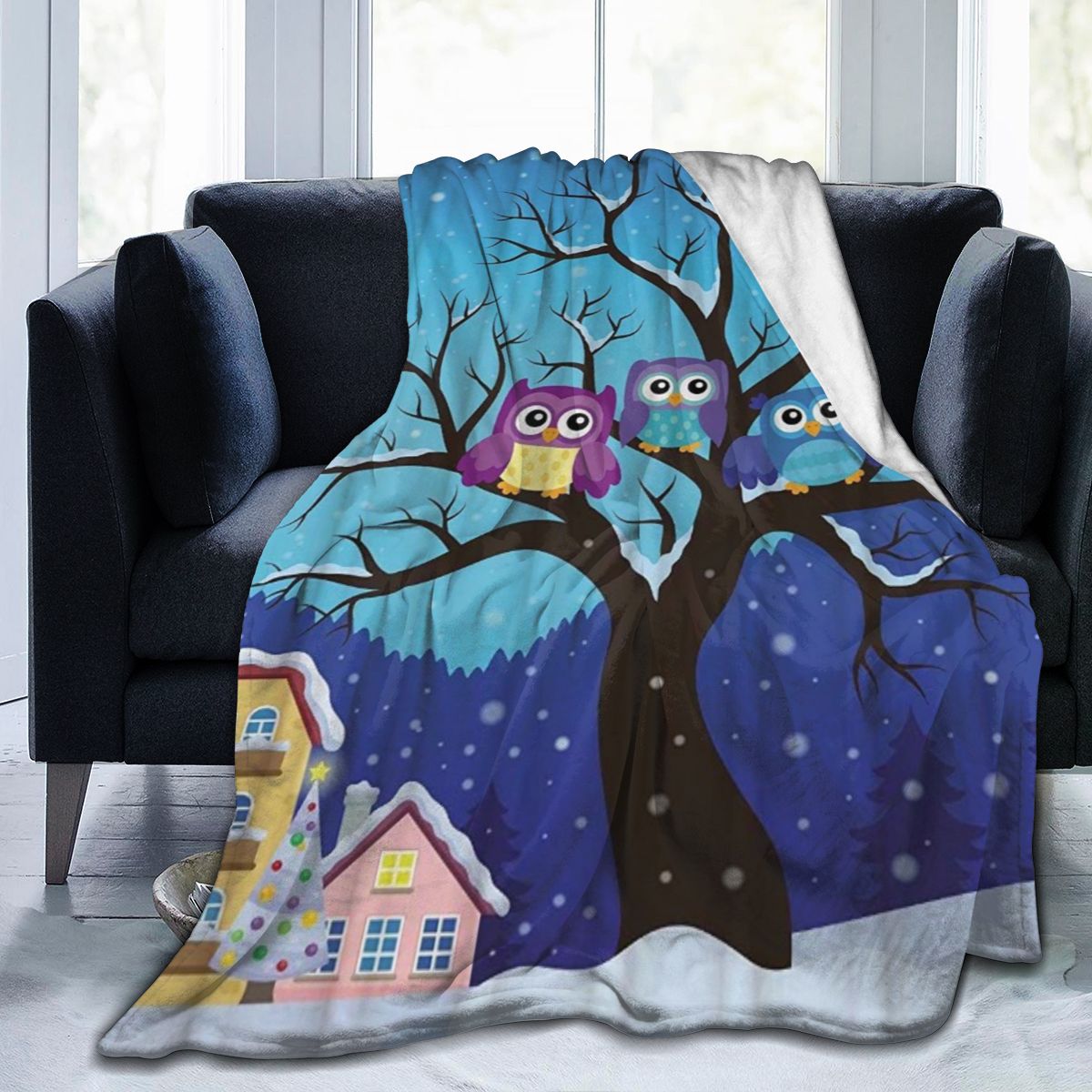 UltraSoft Micro Fleece Blanket,Cute Owls Birds Animals On Winter Tree