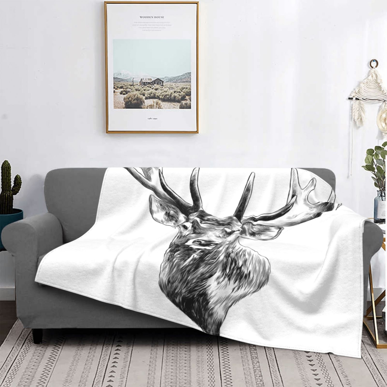 UltraSoft Micro Fleece Blanket,Elk Stag Deer Head Sketch Graphics