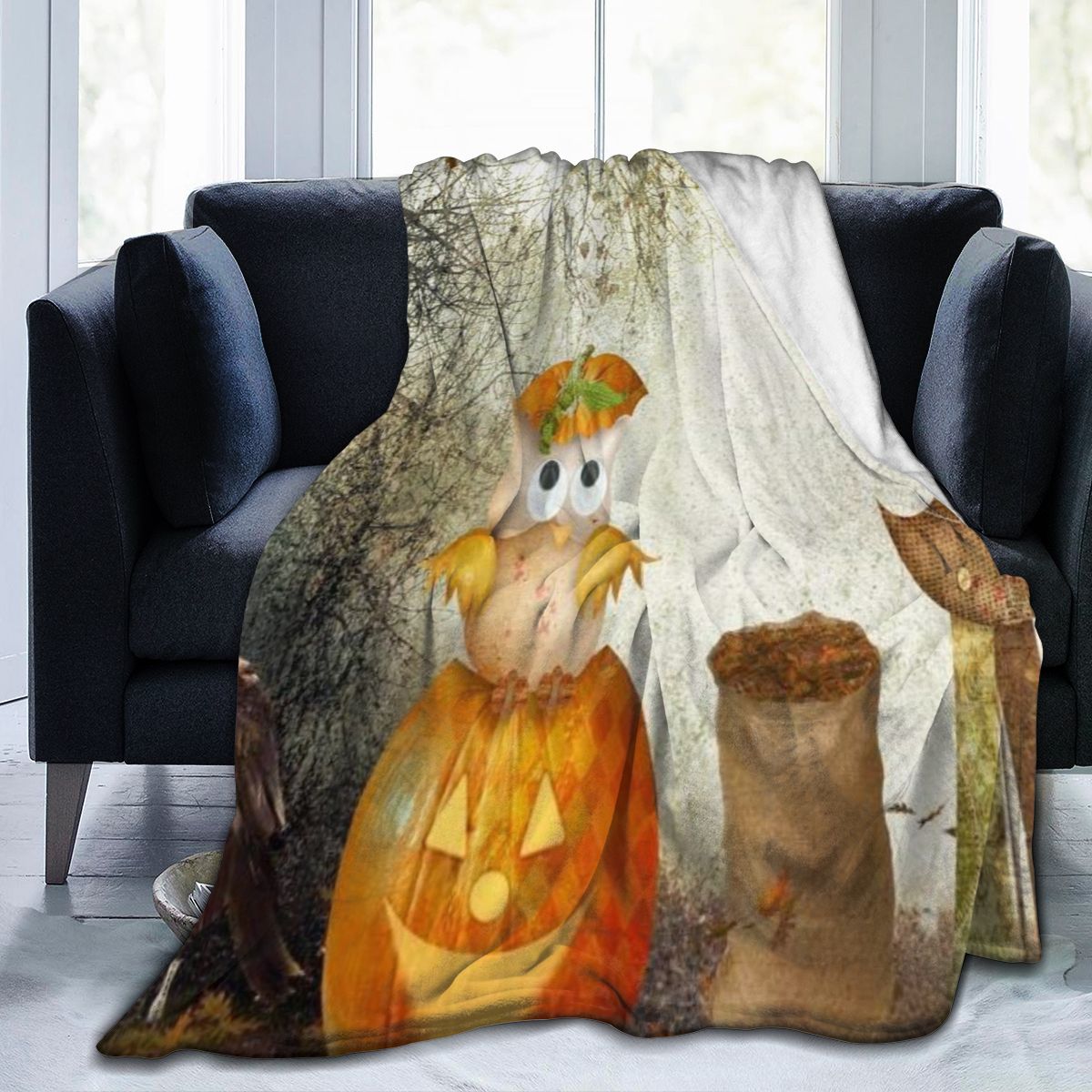 UltraSoft Micro Fleece Blanket,Halloween Scarecrow And Owls,Custom