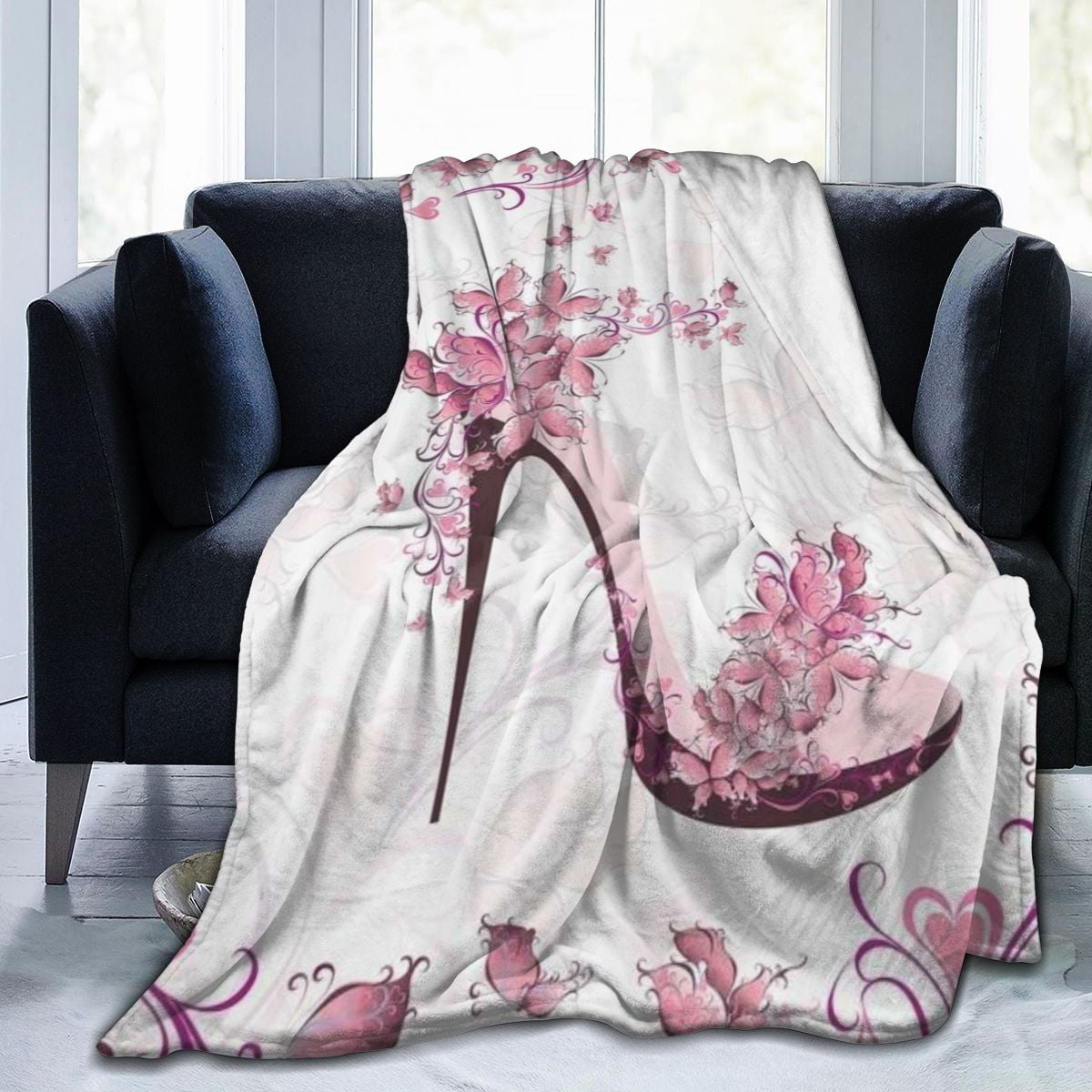 UltraSoft Micro Fleece Blanket,Pink And Purple Women Shoes With Roses