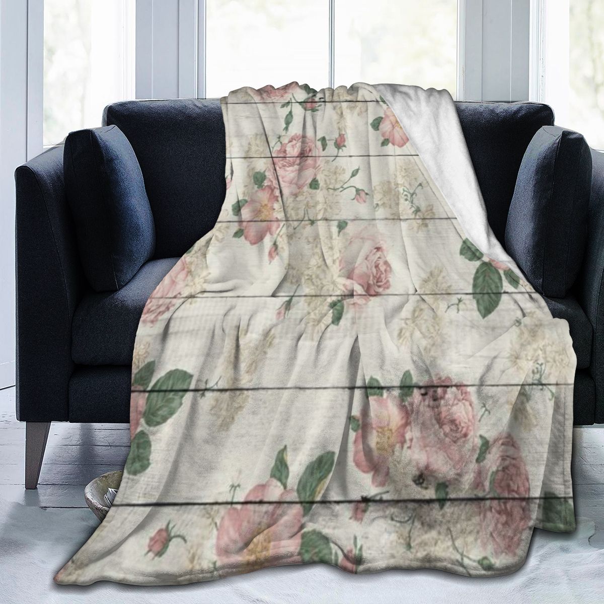 UltraSoft Micro Fleece Blanket,Pink Flower On Rustic Wood Panel