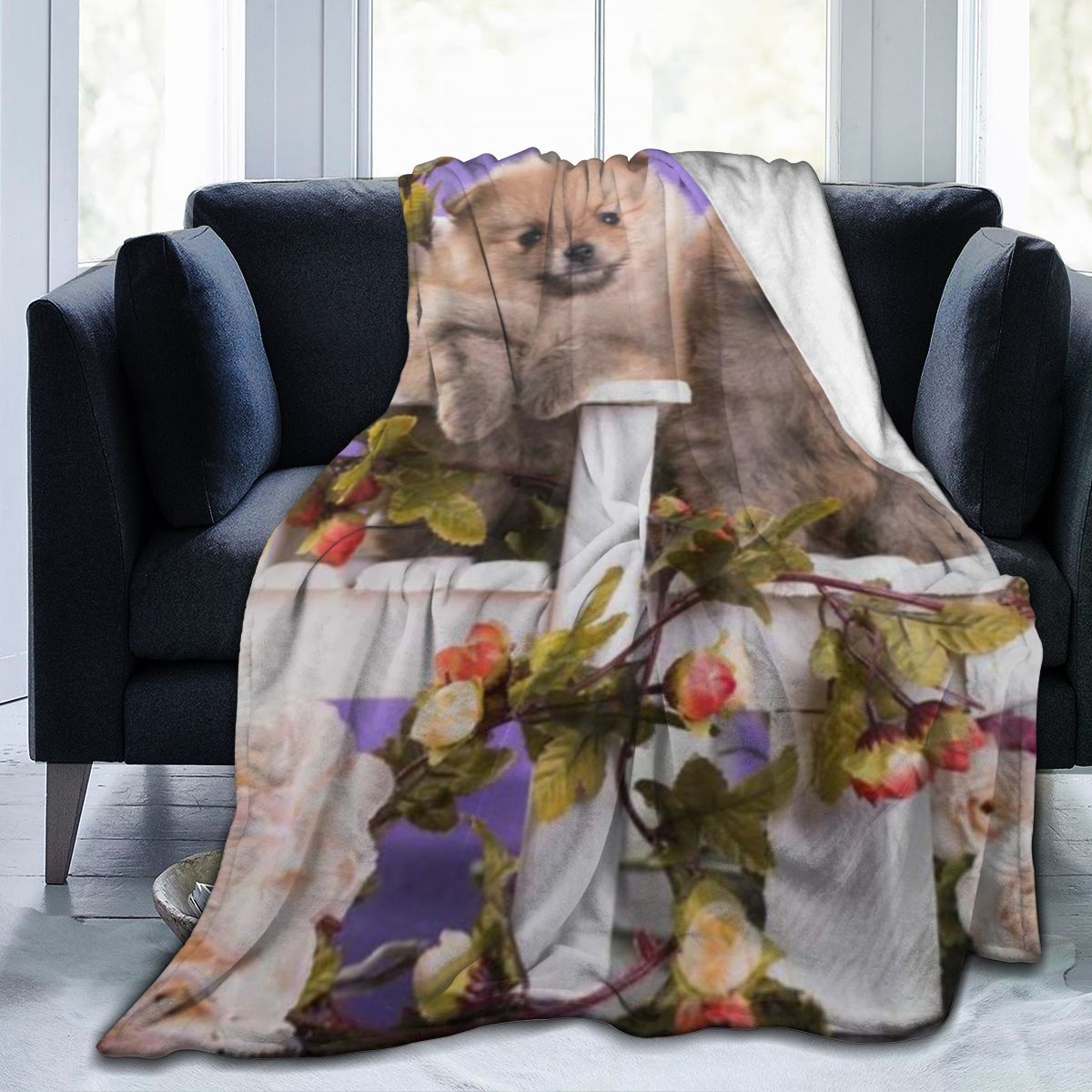 UltraSoft Micro Fleece Blanket,Pomeranian Lovers Model Couple Floral