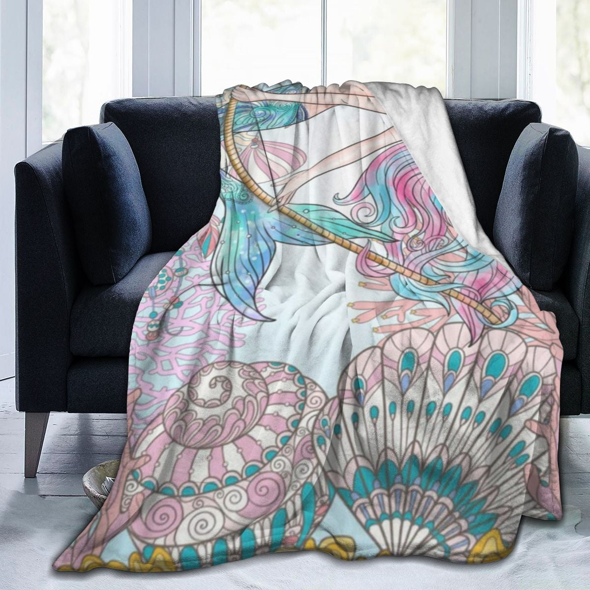 UltraSoft Micro Fleece Blanket,Watercolor Coral Mermaid Gold Fish In