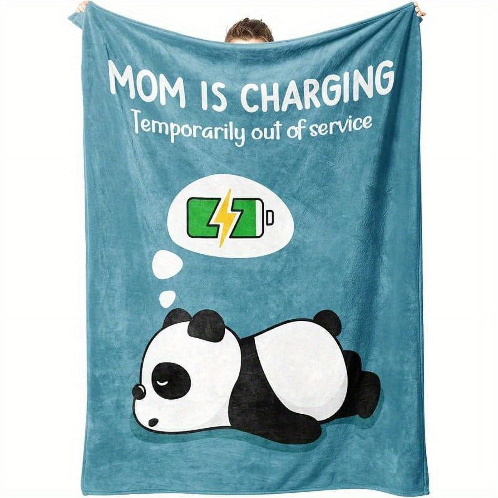Ultra-Soft Micro Fleece 'Mom is Charging' Panda Blanket Funny & Heartwarming Gift for Mom Perfect for Birthday Naps Travel & Camping Light Blue with Playful Battery