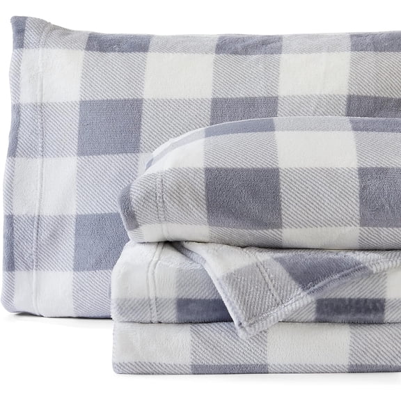 Ultra Soft Micro Fleece Sheets Set with Extra Deep Pockets | Extra Soft Velvet Fleece Sheet Set | Super Plush Polar Fleece | Velvet Plush Cozy Warmth | Queen - Plaid Grey/White