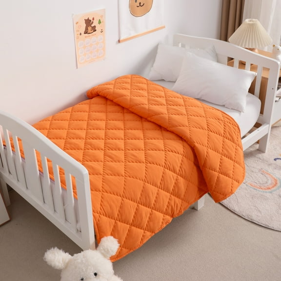 Ultra Soft Microfiber Down Alternative Toddler Comforter, Lightweight Machine Washable Crib Quilted Blanket, Orange, 39" x 47"