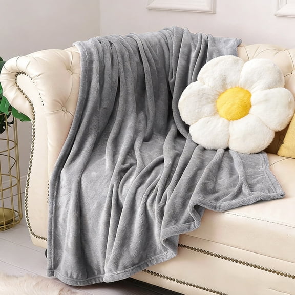 Ultra Soft Microfiber Fleece Throw Blanket Navy, Faux Rabbit Fur Flower Pillow, Cozy Daisy Plush Couch Set for Sofa Bed Living Room