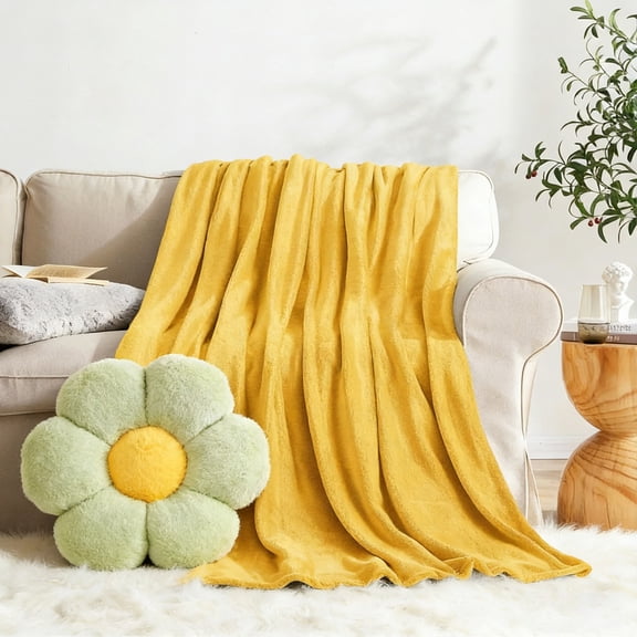 Ultra Soft Microfiber Fleece Throw Blanket Navy, Faux Rabbit Fur Flower Pillow, Cozy Daisy Plush Couch Set for Sofa Bed Living Room