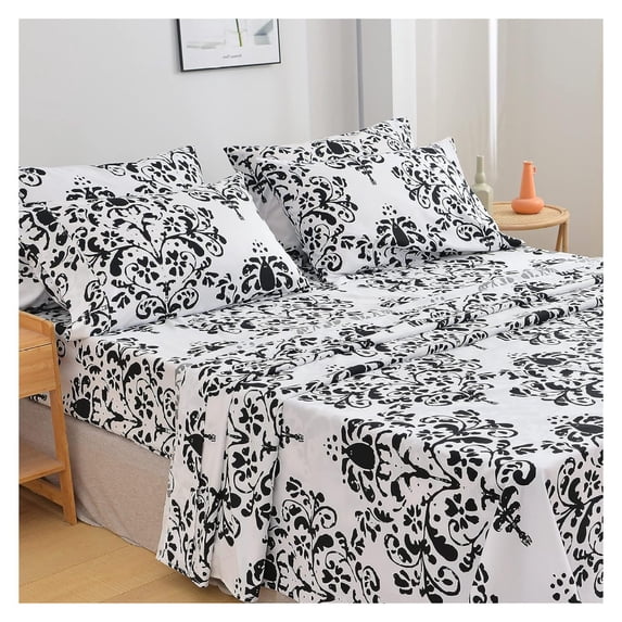 Ultra-Soft Microfiber Sheet Set - Double Brushed - Wrinkle and Stain Resistance - Fit 14 inches Deep Pocket - 6 Pieces Set (Queen, Black & White Damask)