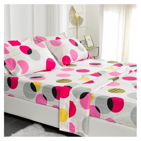 Ultra-Soft Microfiber Sheet Set - Double Brushed - Wrinkle and Stain Resistance - Fit 14 inches Deep Pocket - 6 Pieces Set (Queen, Multi Circles)